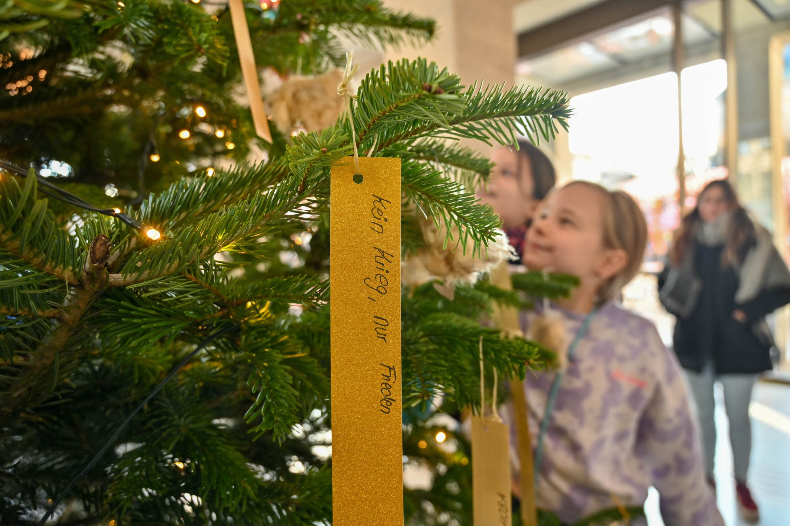 Weihnachtsbaum Beitrag: Wünsche und selbstgebastelter Schmuck hängen am Rathaus-Weihnachtsbaum
